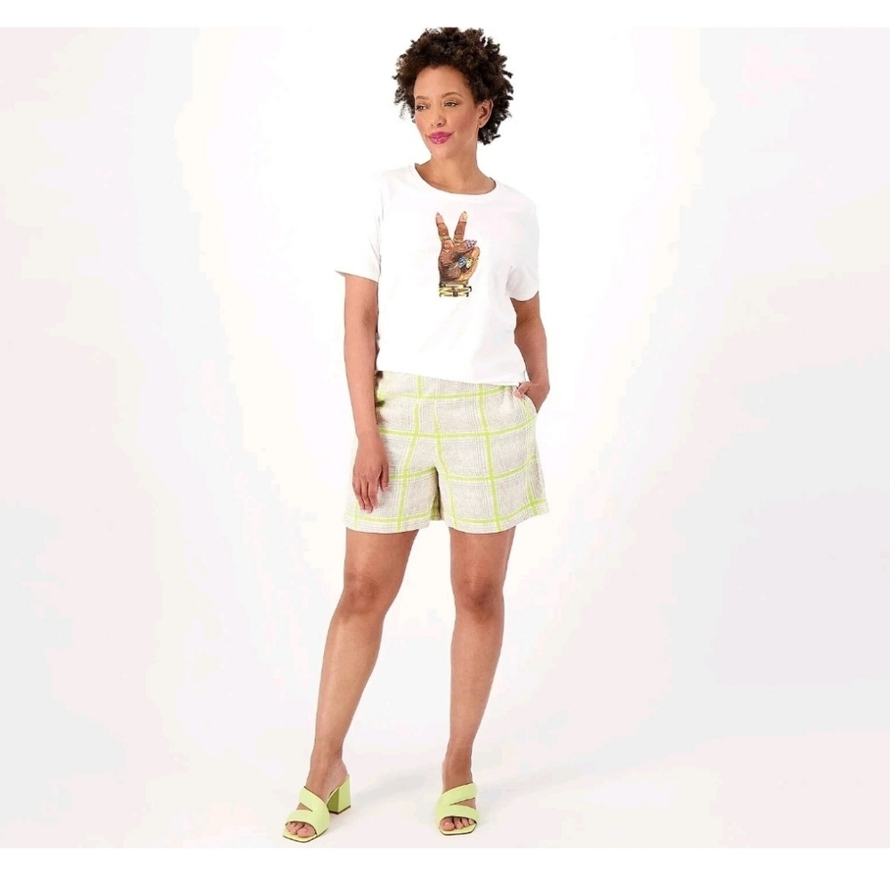 Studio Park Vanessa Herring Womens Plus Sz 28W Plaid Linen Blend Shorts Tan Lime